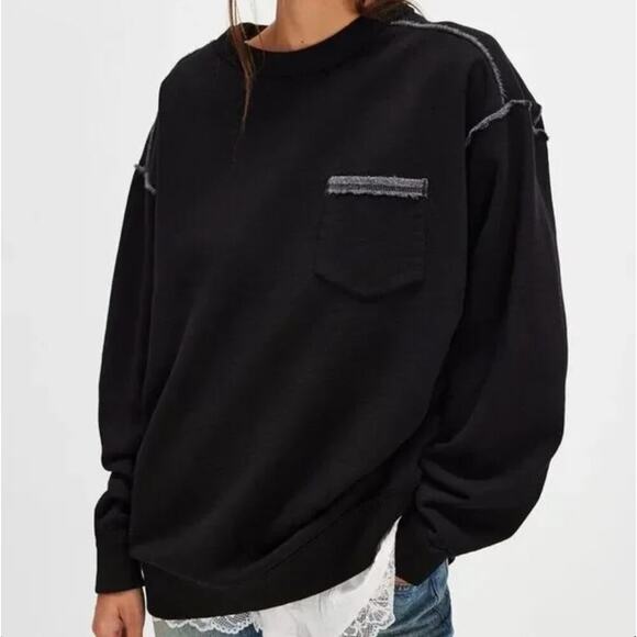 NEW Free People We The Free Wallace Pullover Crewneck Sweatshirt Black Large - Picture 1 of 6